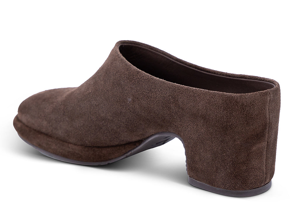 chocolate suede mule with a block heel and a platform sole -inner side view