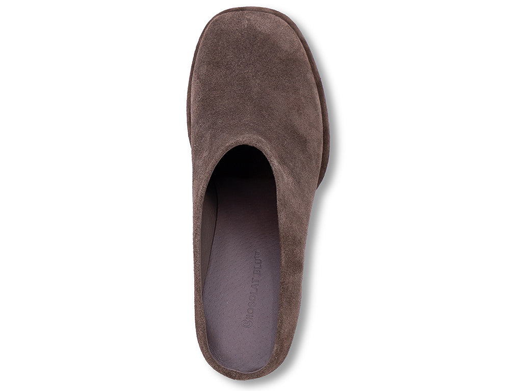 chocolate suede mule with a block heel and a platform sole -top view