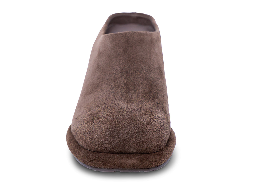 chocolate suede mule with a block heel and a platform sole - front view