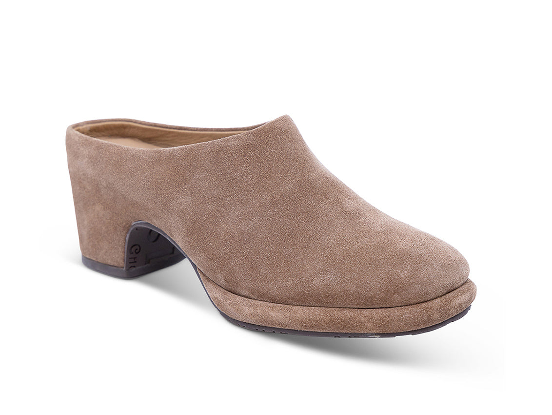 toffee suede mule with a block heel and a platform sole - font 3/4 view