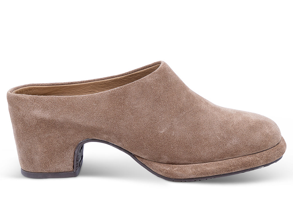 toffee suede mule with a block heel and a platform sole - outer side view