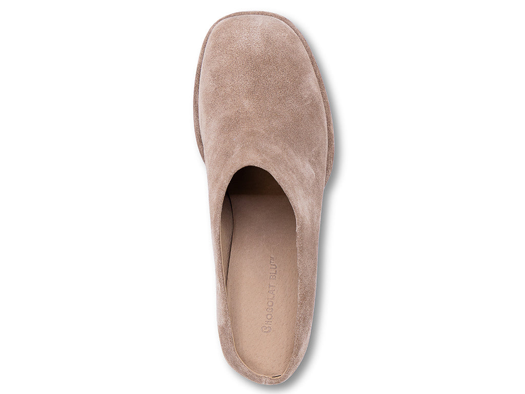 toffee suede mule with a block heel and a platform sole - top view