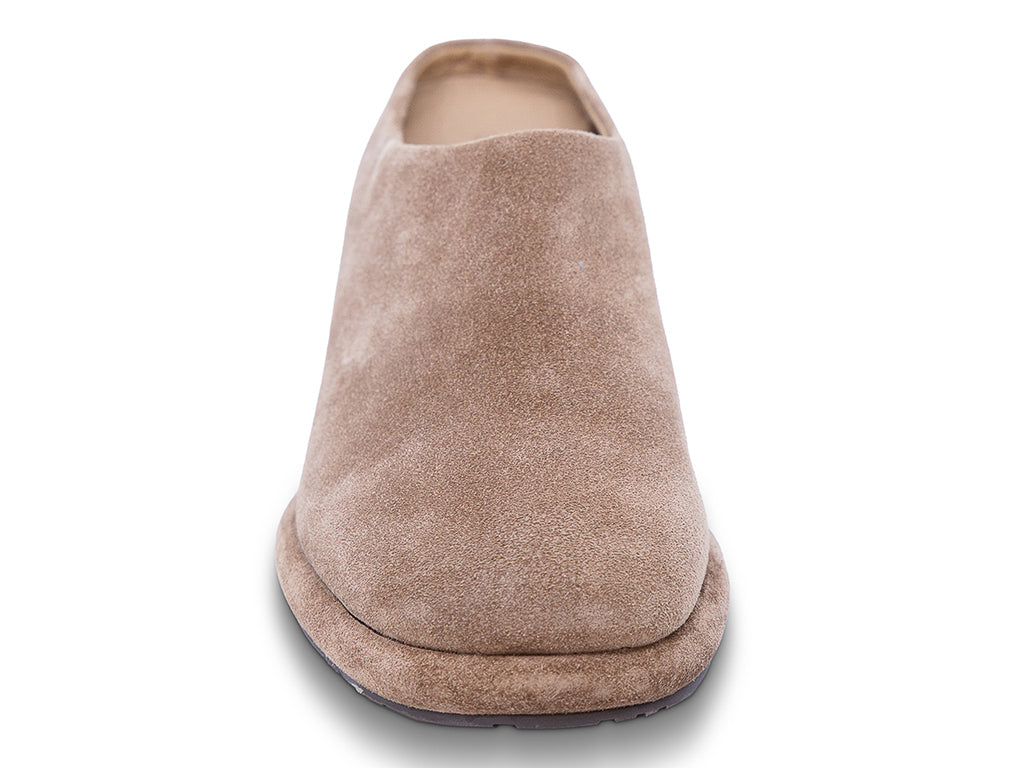 toffee suede mule with a block heel and a platform sole - front view