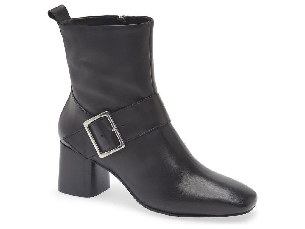 Black ankle heeled boot with gold buckle on a white background side angle view
