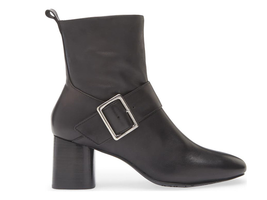 Black ankle heeled boot with gold buckle on a white background side  view