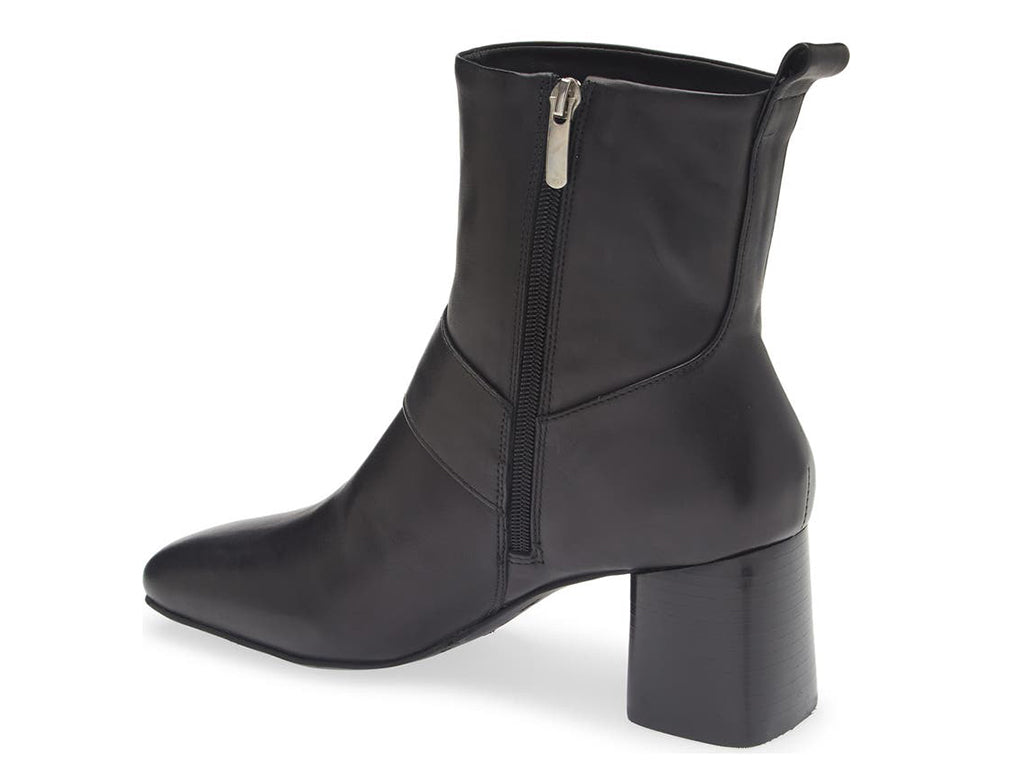 Black ankle heeled boot with gold buckle on a white background side angle view