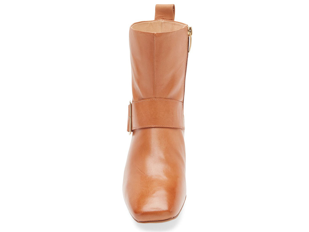Camel ankle heeled boot with gold buckle on a white background front view