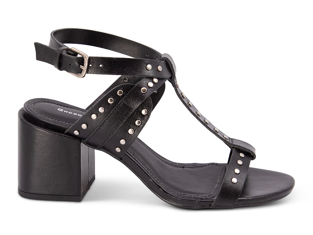 black sandal with block heel and studded details on the straps - side view
