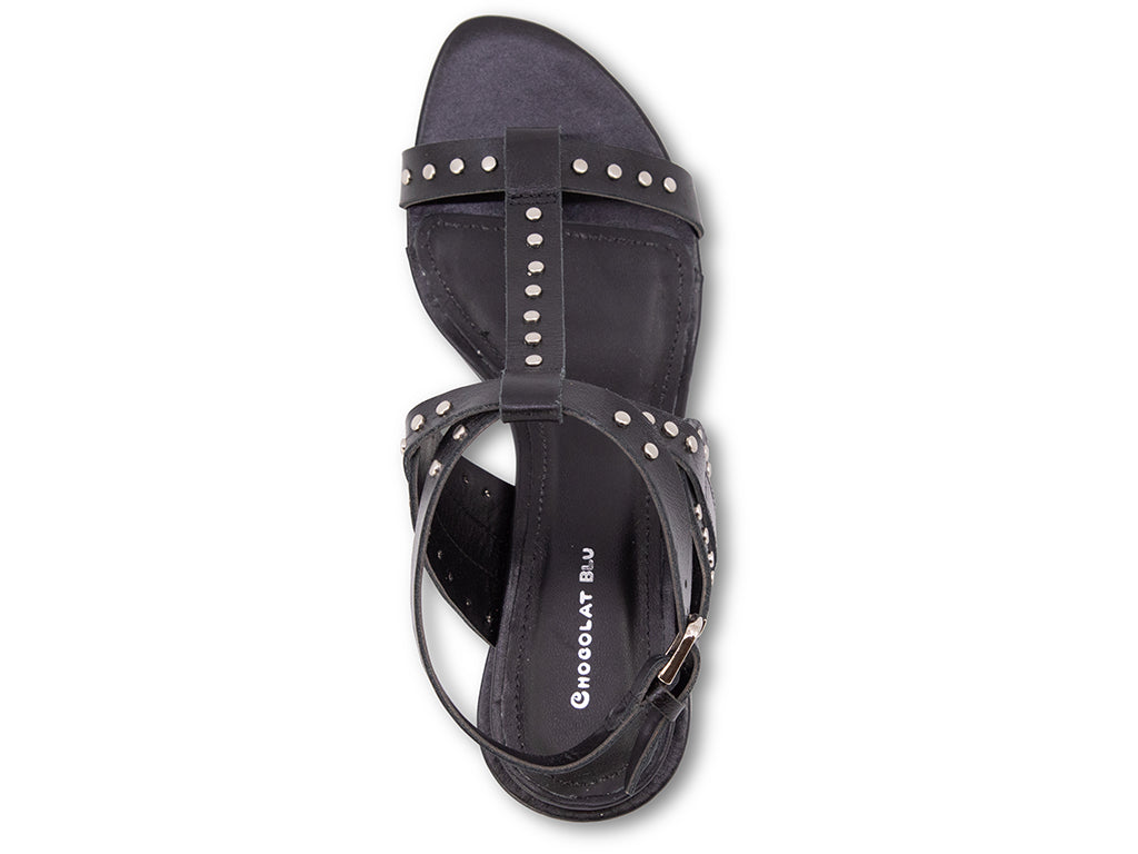 black sandal with block heel and studded details on the straps - top view