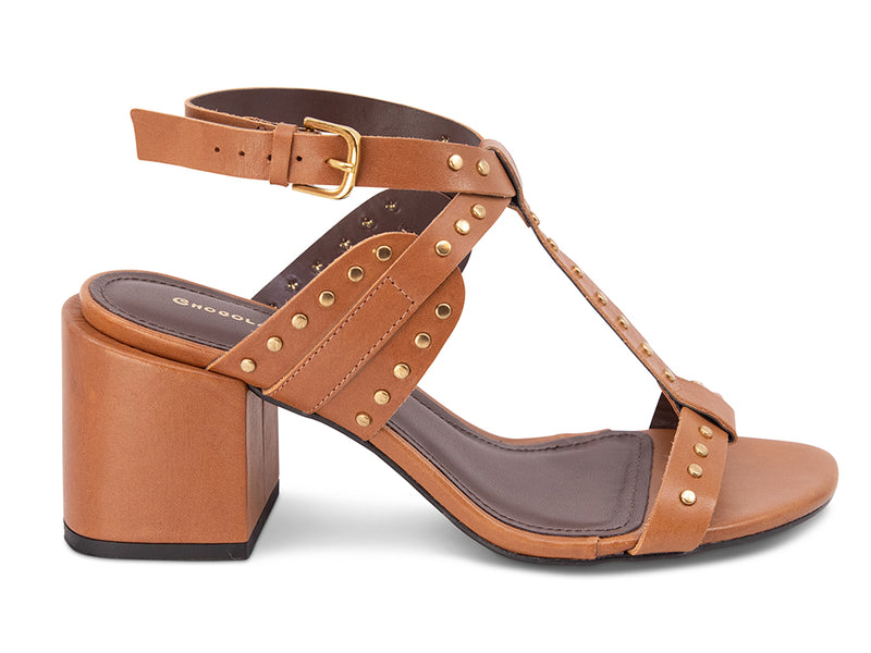 Brown sandal with block heel and studded details on the straps - side view