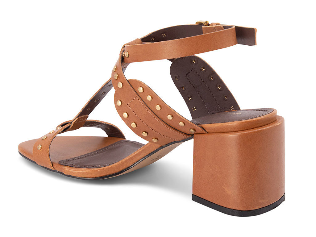 Brown sandal with block heel and studded details on the straps - view from the back