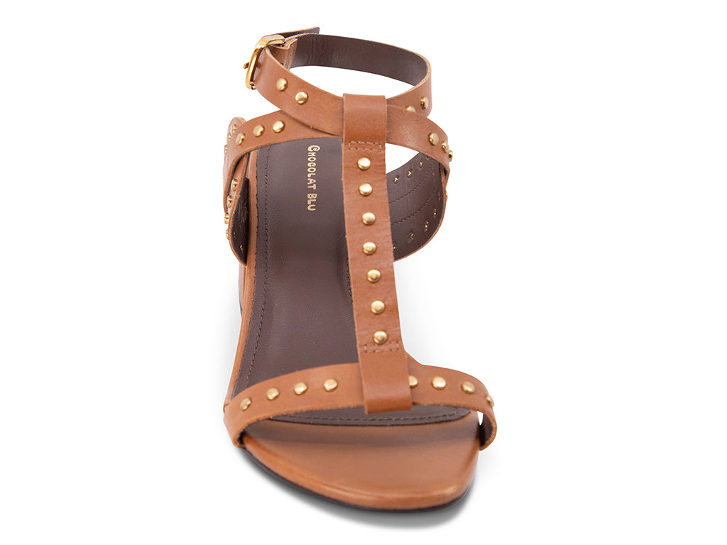 Brown sandal with block heel and studded details on the straps - front view