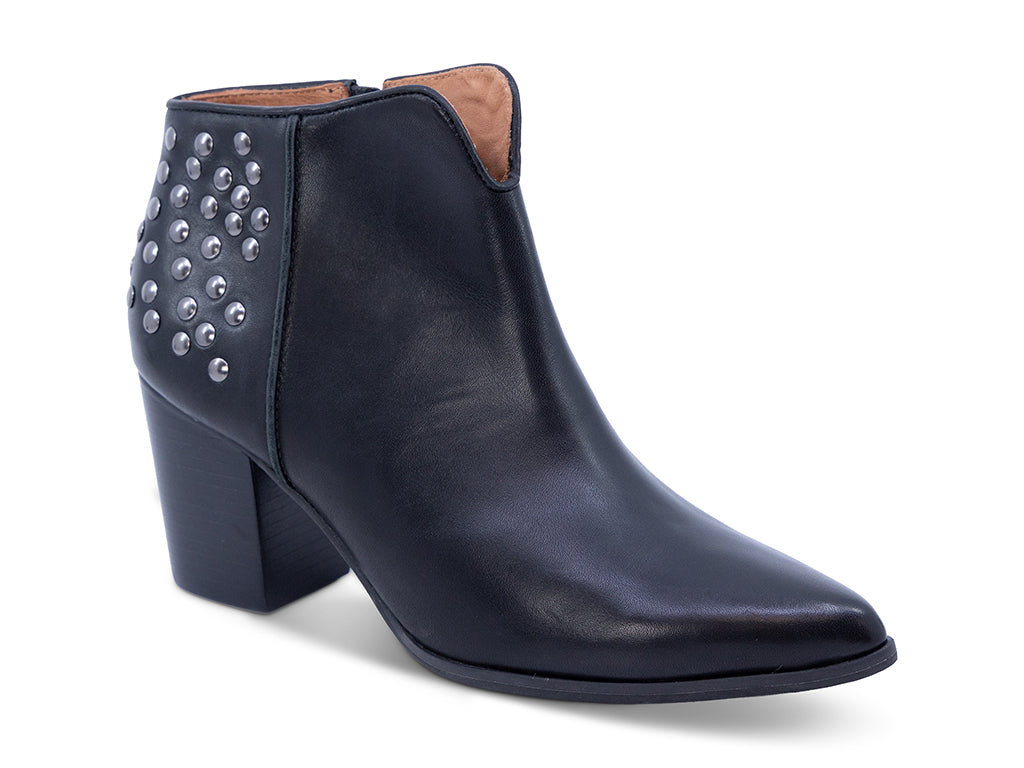 black leather ankle bootie with studs and a block heel - front 3/4 view