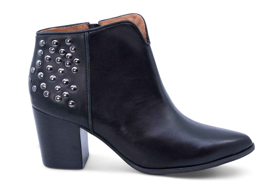 black leather ankle bootie with studs and a block heel - outer side view