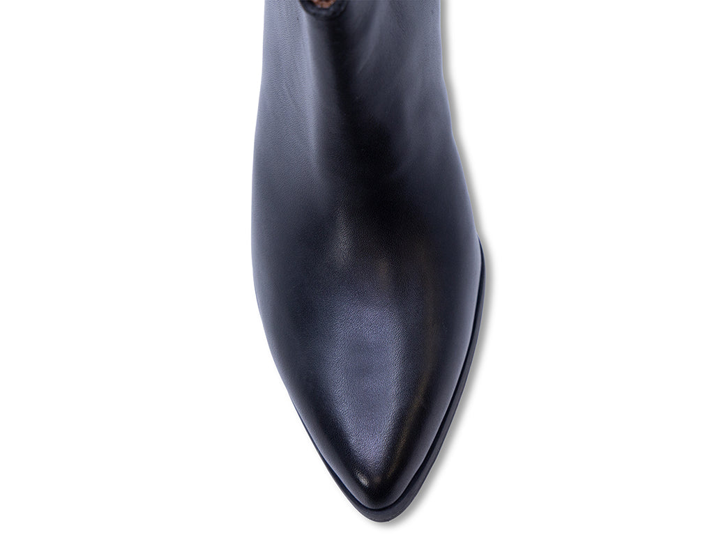 black leather ankle bootie with studs and a block heel - view of the toe shape