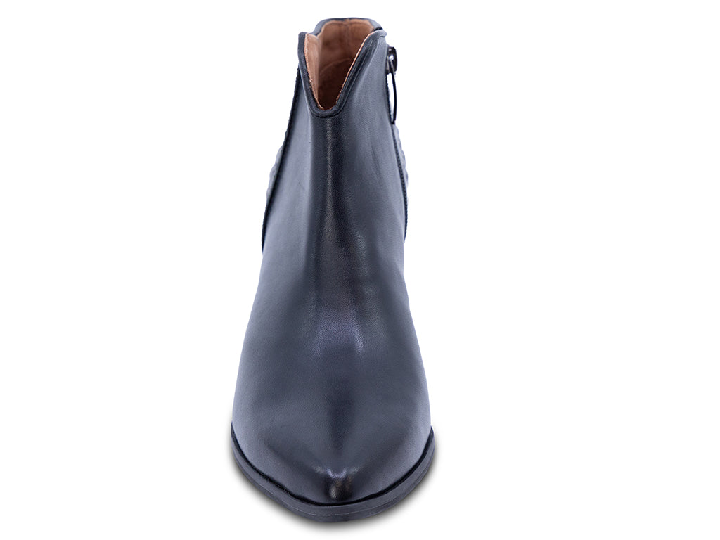 black leather ankle bootie with studs and a block heel - front view