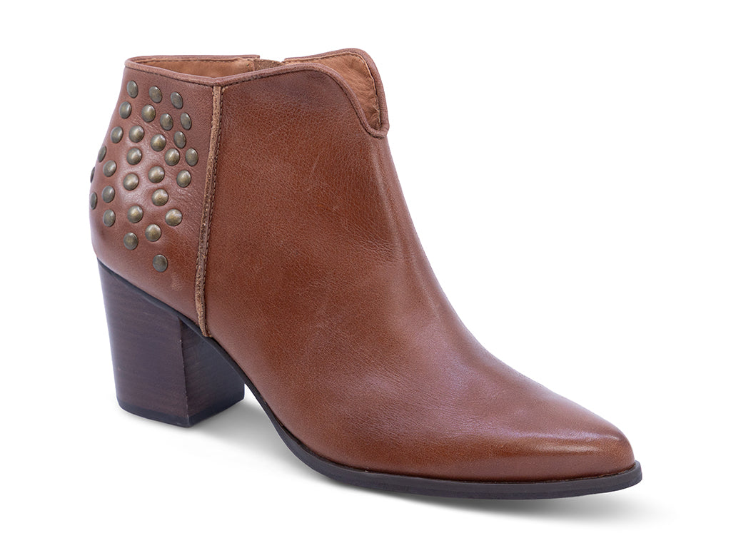 brown leather ankle bootie with studs and a block heel - front 3/4 view