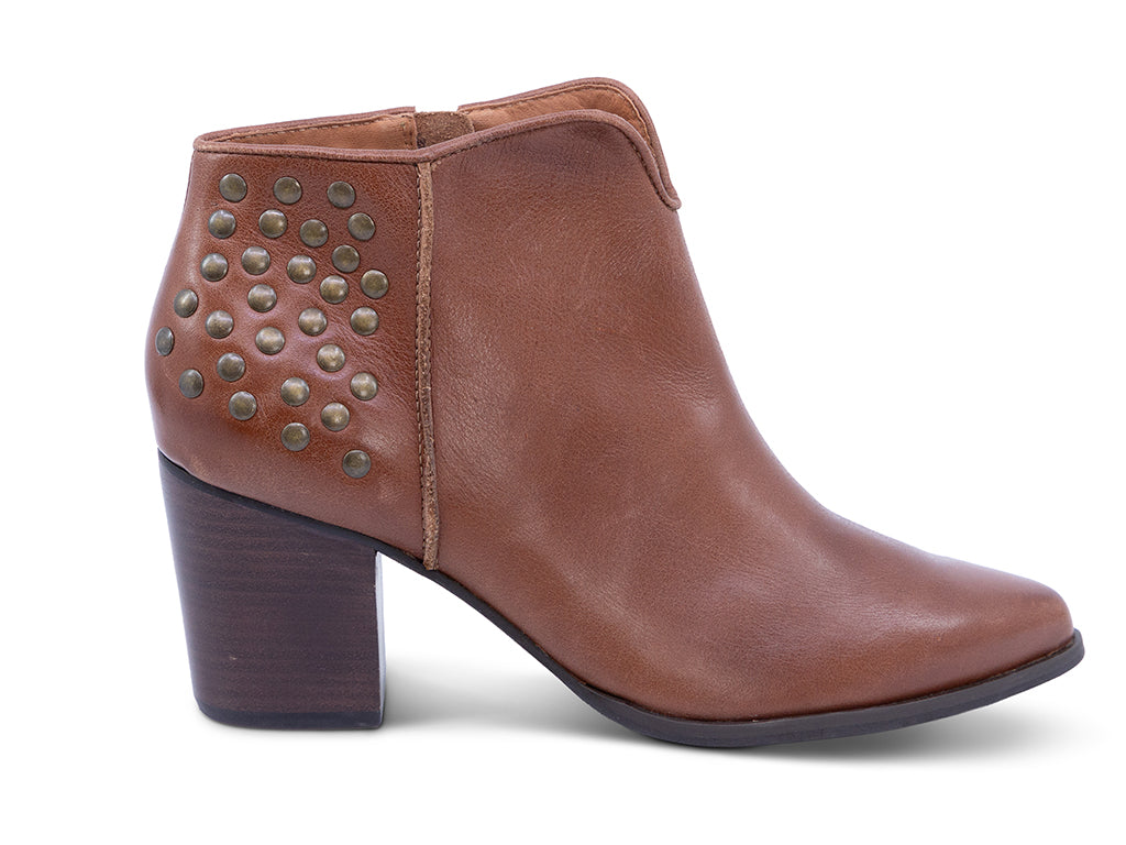 brown leather ankle bootie with studs and a block heel - outer side view