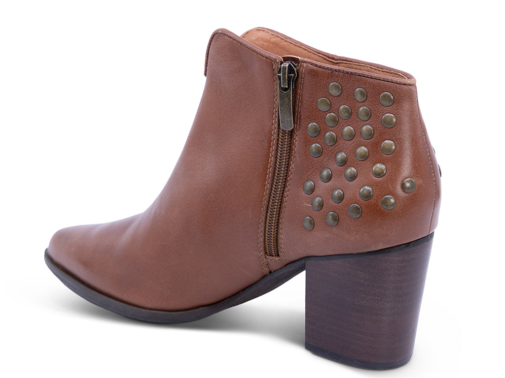 brown leather ankle bootie with studs and a block heel - inner side view