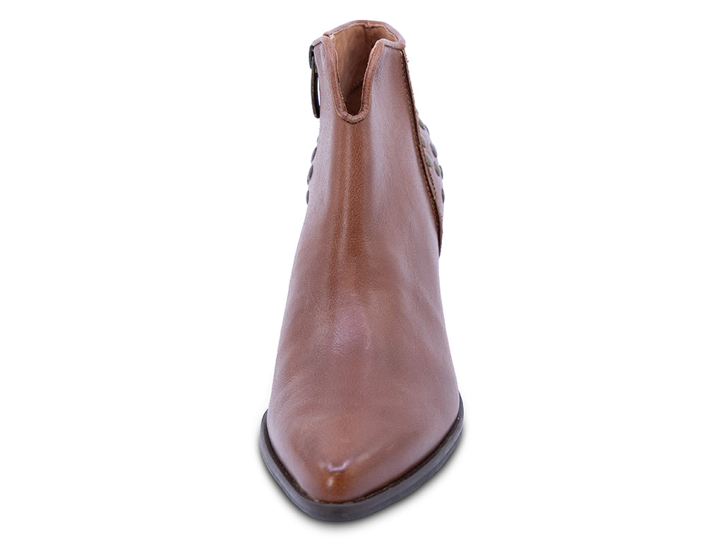 brown leather ankle bootie with studs and a block heel - front view