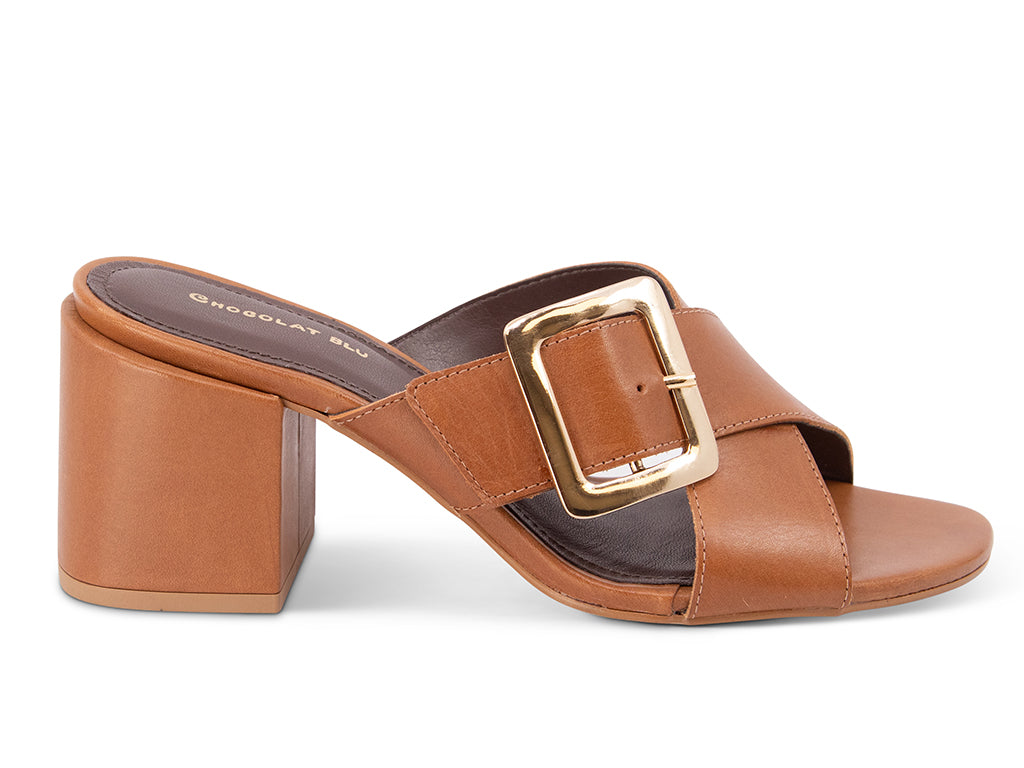 brown crisscross sandal with a buckle and a block heel - side view