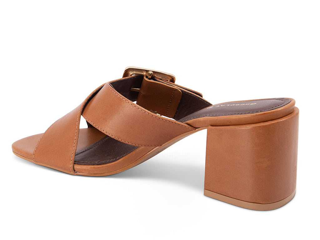 brown crisscross sandal with a buckle and a block heel - view of the back