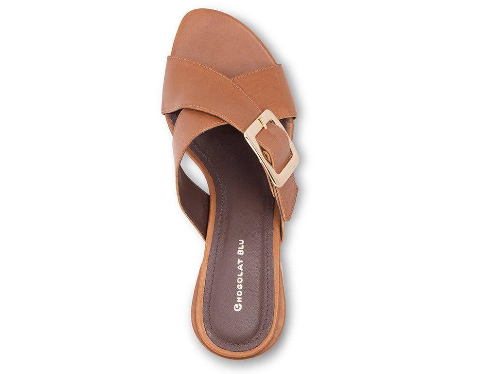 brown crisscross sandal with a buckle and a block heel - top view of the upper and an almond shaped toe
