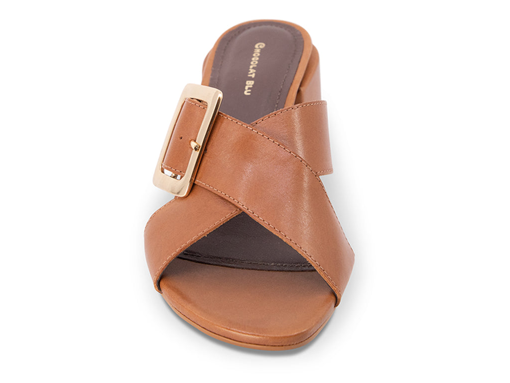 brown crisscross sandal with a buckle and a block heel - front view