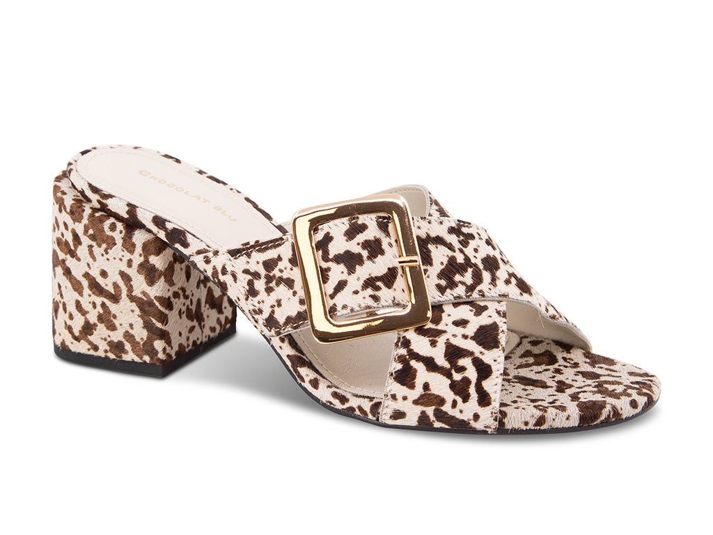 white cheetah print crisscross sandal with block heel