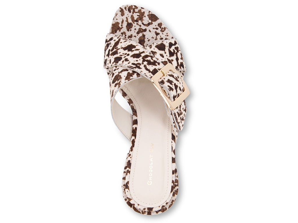 white cheetah print crisscross sandal with block heel - top view of the upper and almond shaped toe