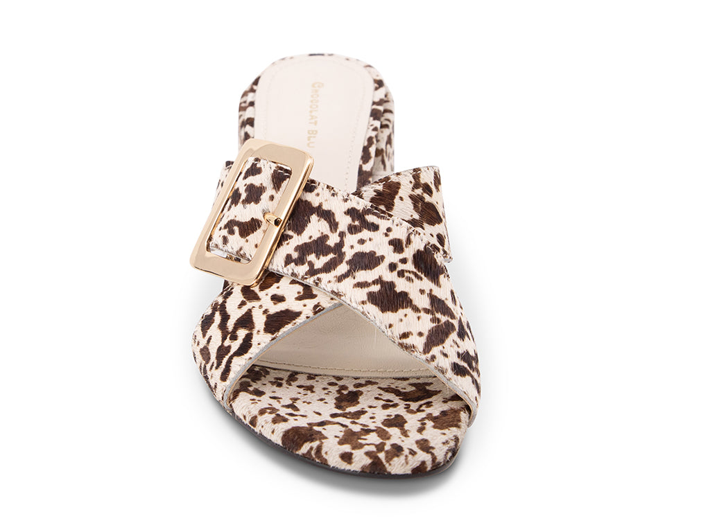 white cheetah print crisscross sandal with block heel - front view