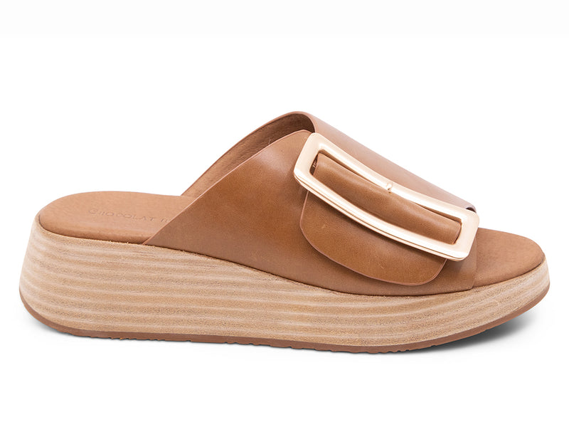 saddle colored wedge slide sandal with oversized buckle - side view
