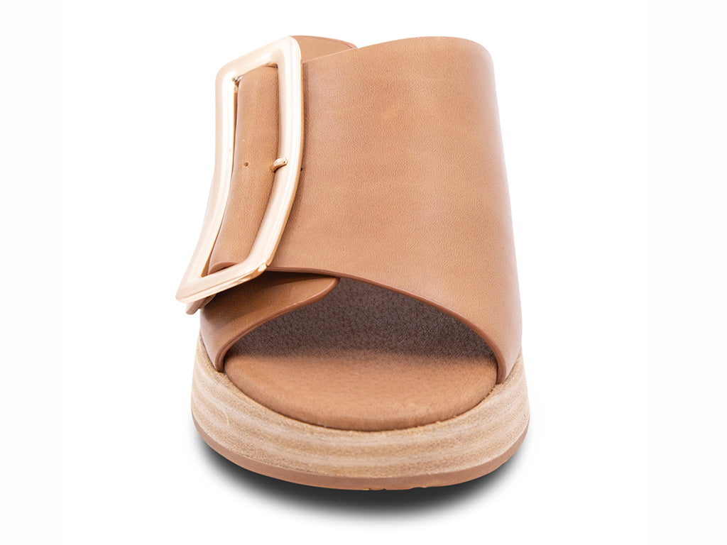 saddle colored wedge slide sandal with oversized buckle - front view