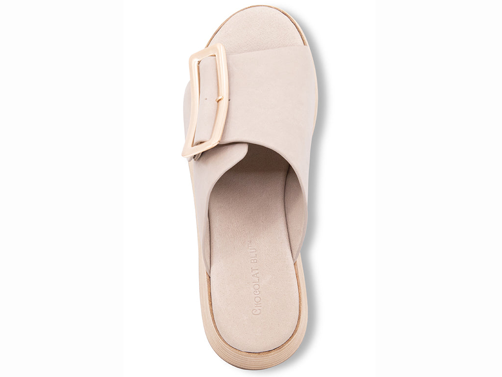 beige wedge slide sandal with an oversized gold buckle - top view