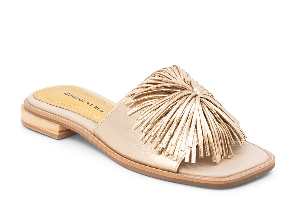 gold metallic low heel sandal with pom-pom ornament