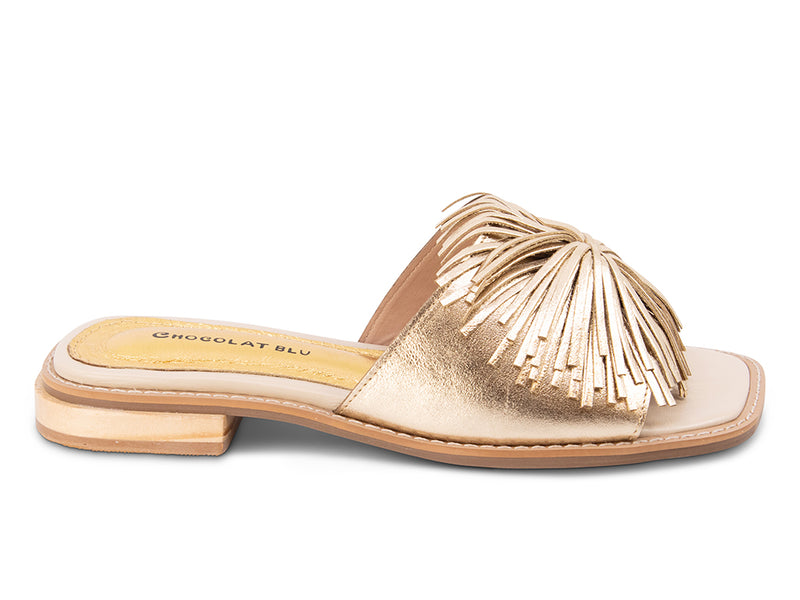 gold metallic low heel sandal with pom-pom ornament - side view