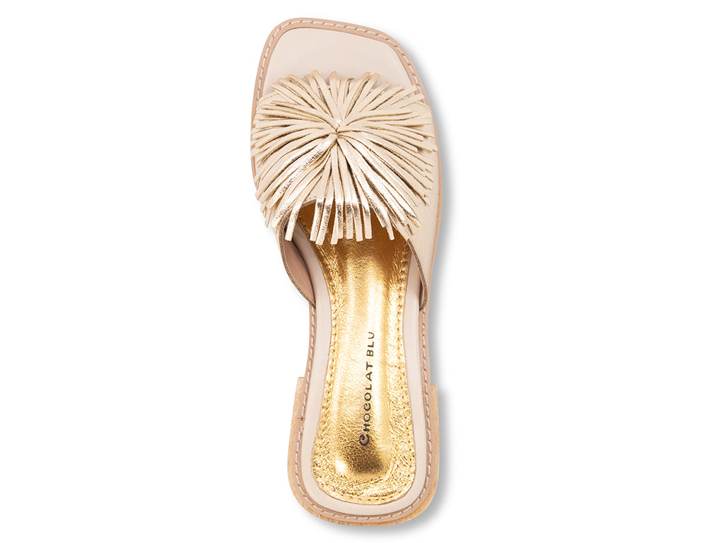 gold metallic low heel sandal with pom-pom ornament - top view 