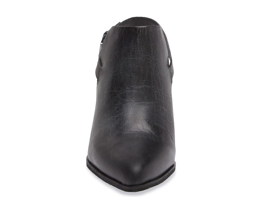 Black pointed toe shoe with block heel and buckle ankle back strap on a white background front view