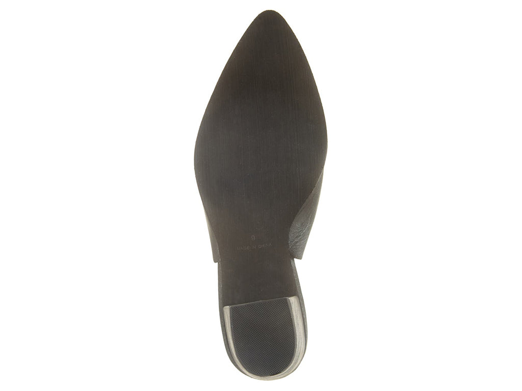Black pointed toe shoe with block heel and buckle ankle back strap on a white background bottom sole view