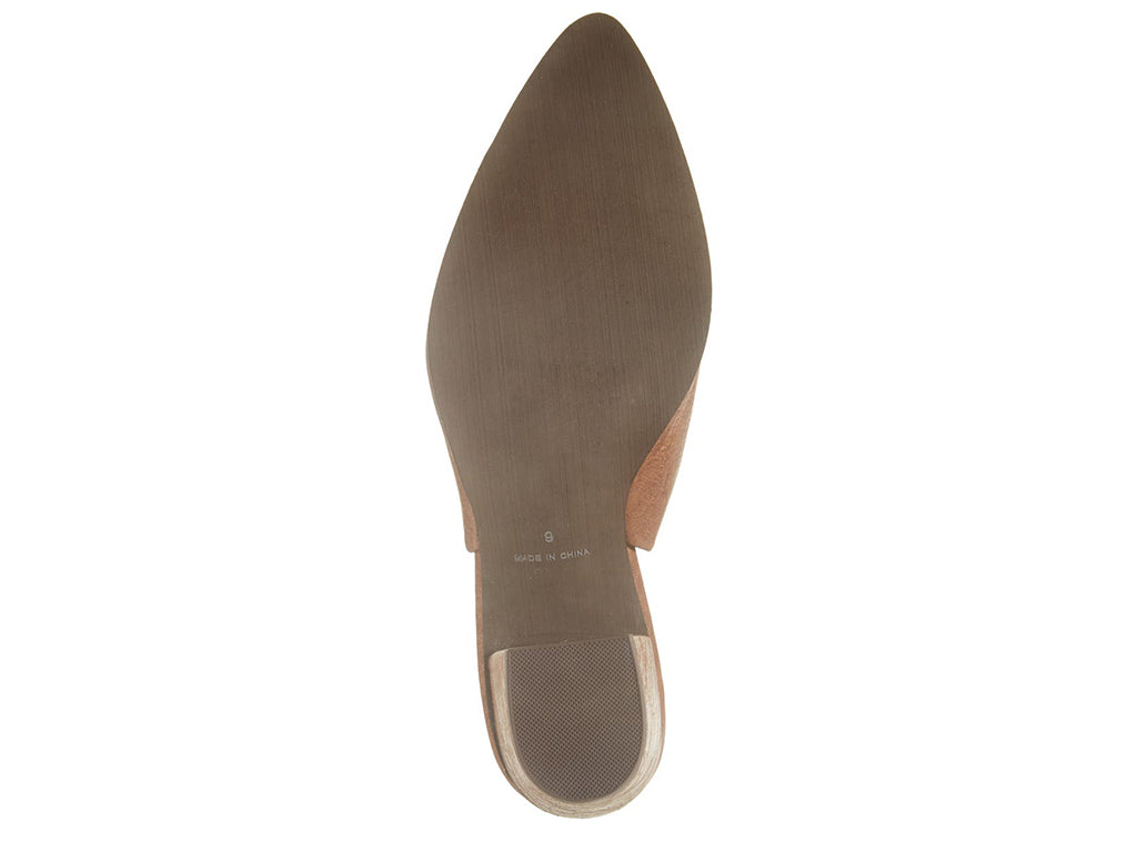 Brown pointed toe shoe with block heel and buckle ankle back strap on a white background bottom sole view