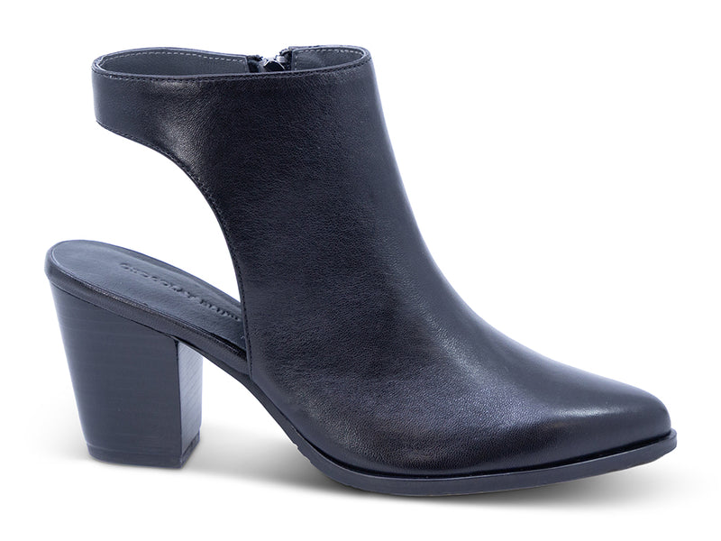 black leather ankle boot with open back and a block heel - outer side view
