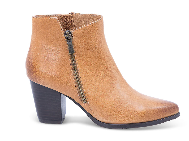 A caramel leather ankle boot with a side zipper and a dark block heel - lateral side view