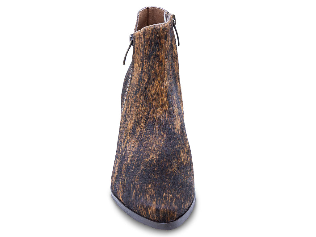calf hair ankle boot with a brown and black mottled cowhide pattern, dark gray block heel, a pointed toe, and a side zipper - front view