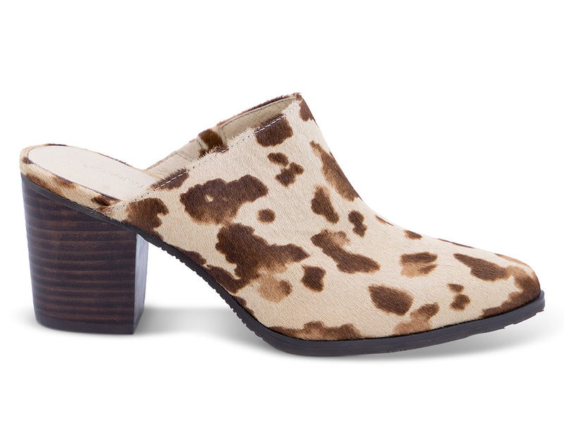a block heel mule with brown and beige calf hair upper -outer side view