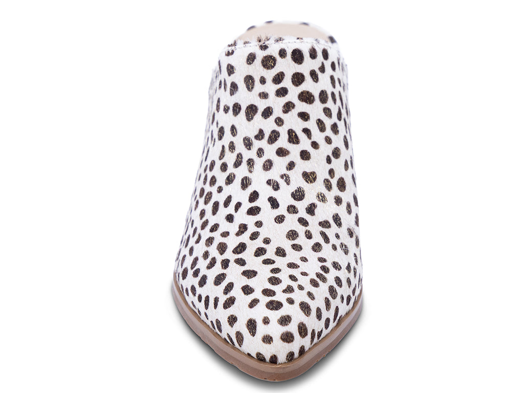 a block heel mule with beige gold dot calf hair upper - front view