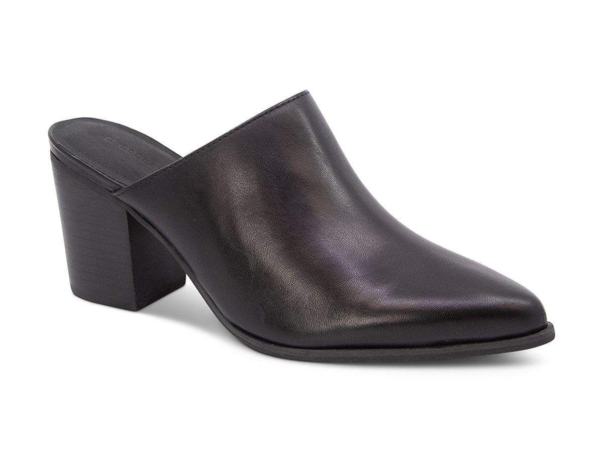 Black leather slide in pointed toe with block heel on a white background side angle view