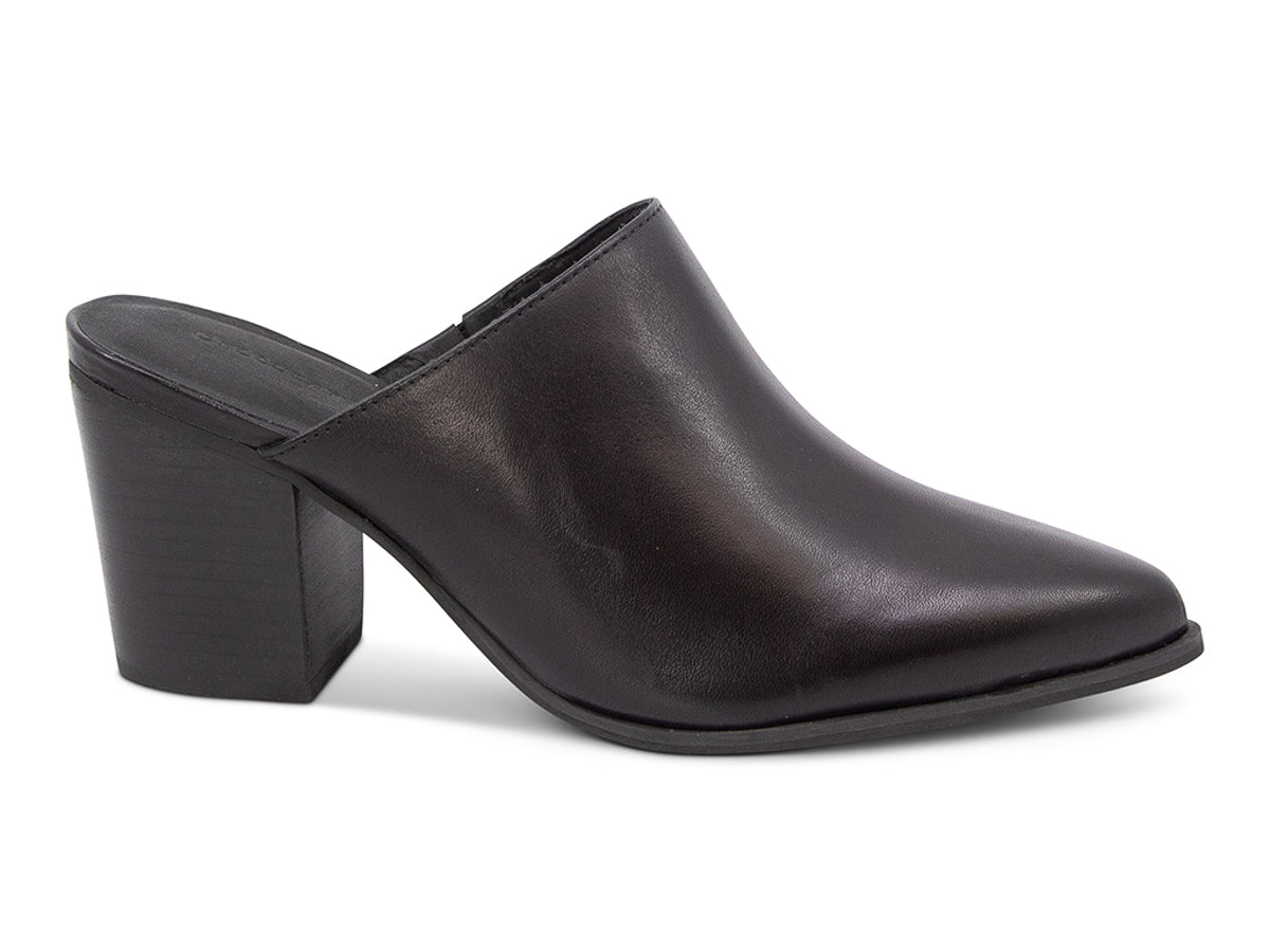 Black leather slide in pointed toe with block heel on a white background side view