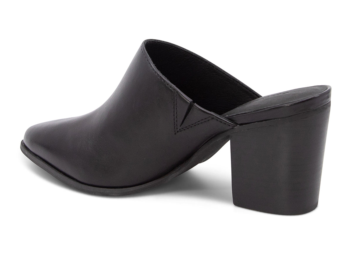 Black leather slide in pointed toe with block heel on a white background side angle view
