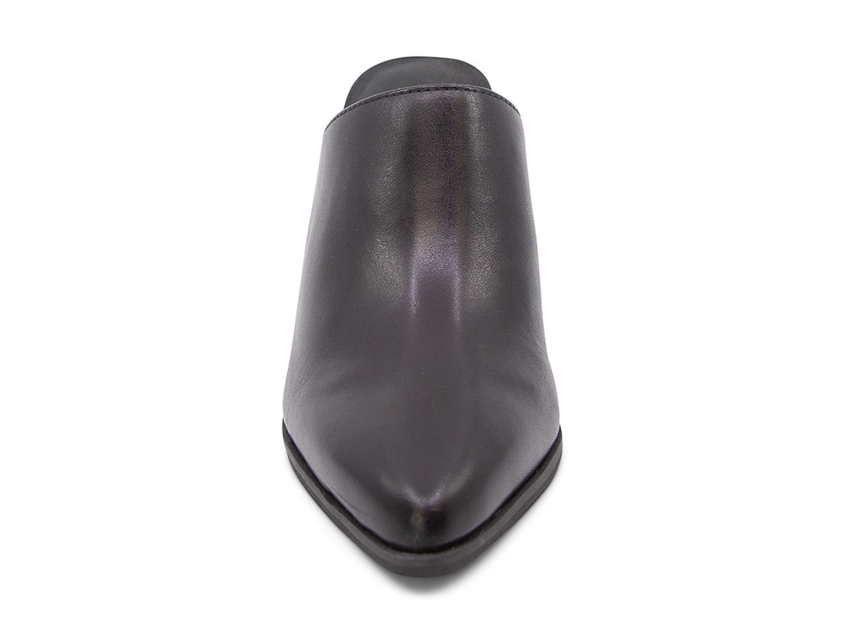 Black leather slide in pointed toe with block heel on a white background front view