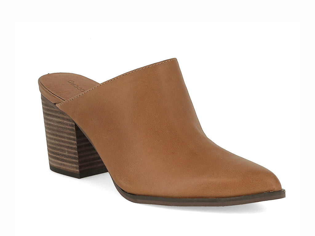Brown leather slide in pointed toe with block heel on a white background side angle view